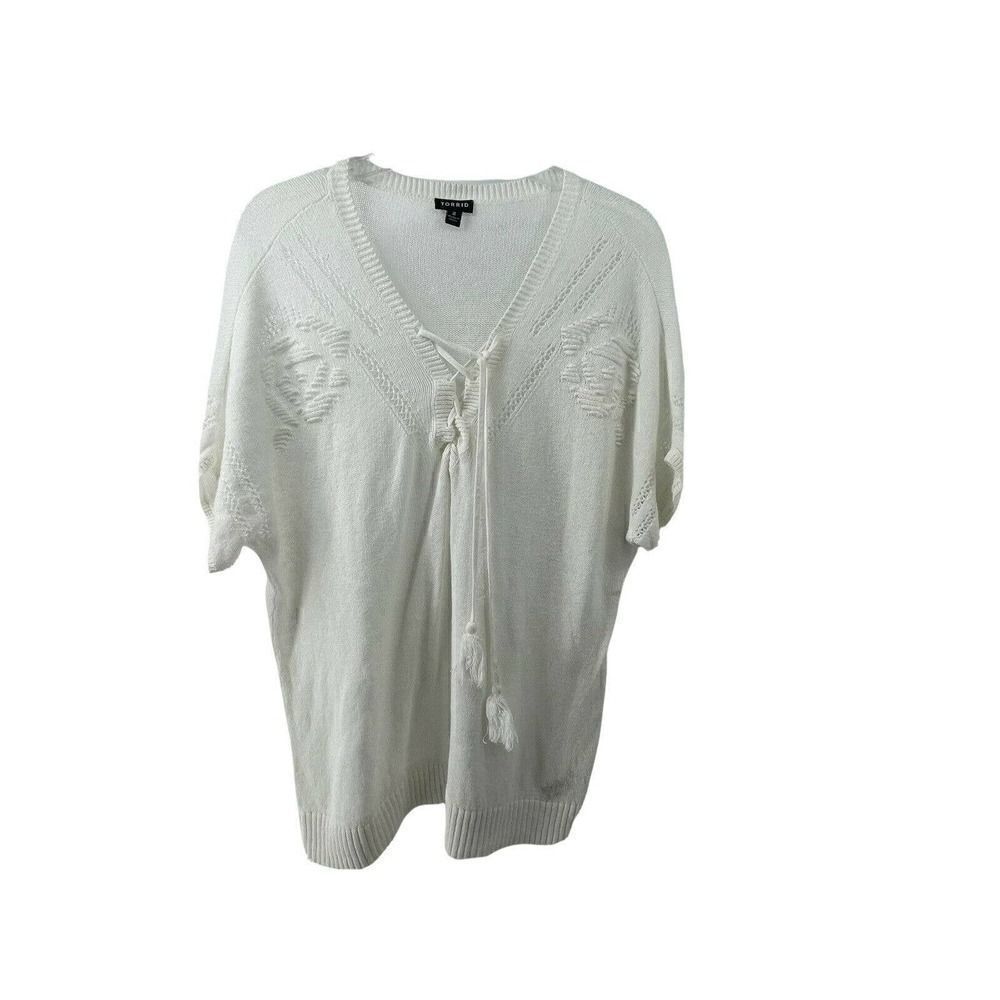 Torrid White Short Sleeve Laced V Neck Knit Top Size 2 2X Pointelle Linen Blend